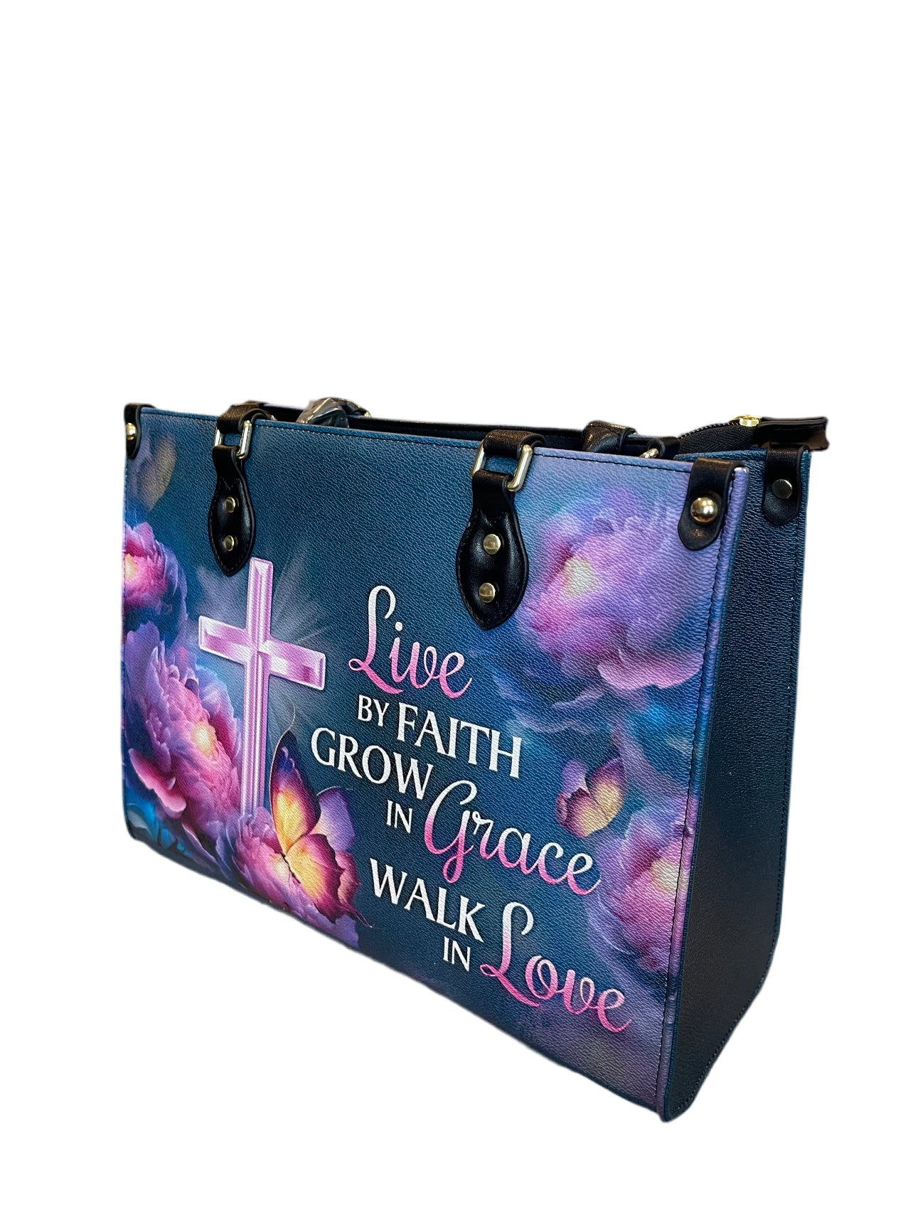 High quality leather handbags for elegant women. Live by faith grow in grace walk in love