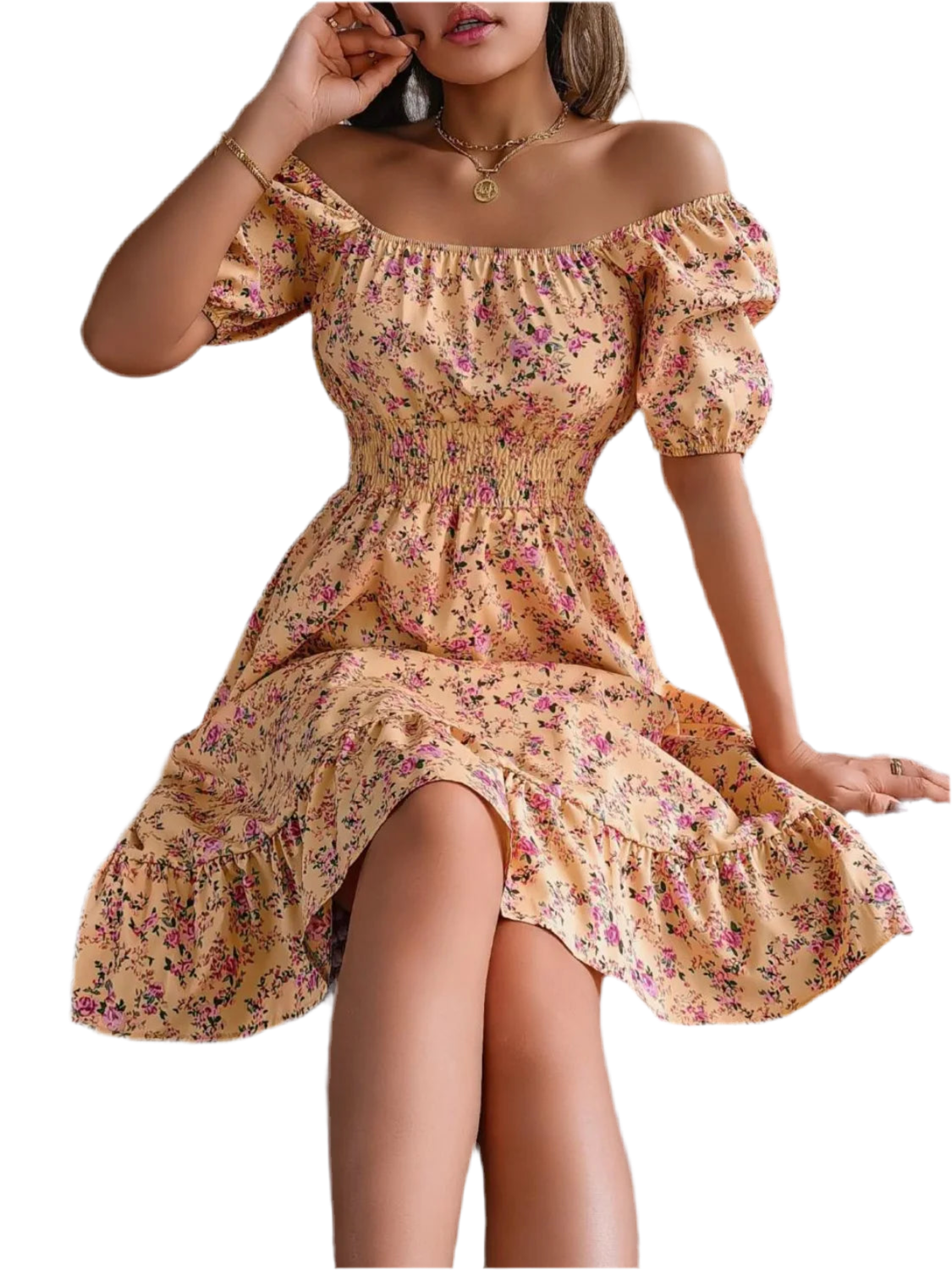 Ruffled Hem Floral Puff Sleeve Dress