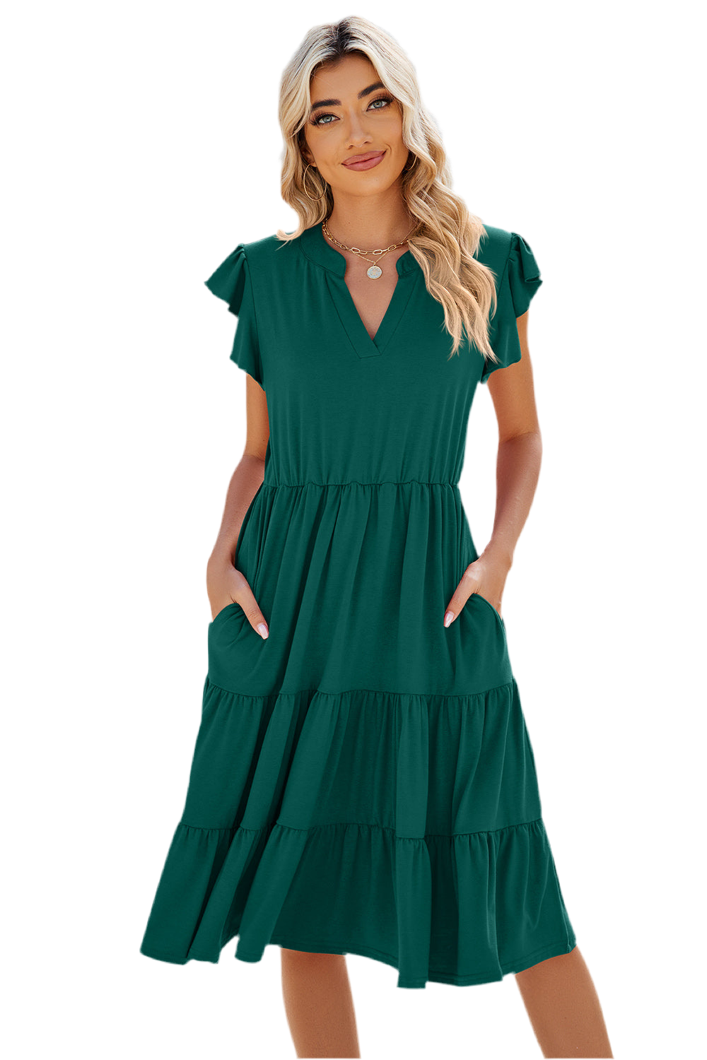 Ruched Notched Cap Sleeve Dress