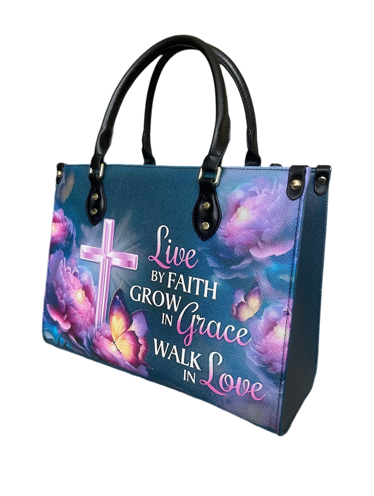 High quality leather handbags for elegant women. Live by faith grow in grace walk in love