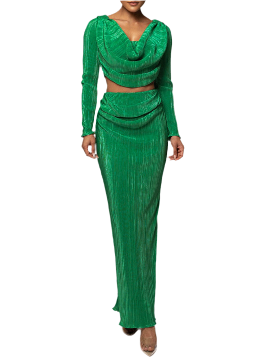 Ruched Cowl Neck Top and Maxi Skirt Set