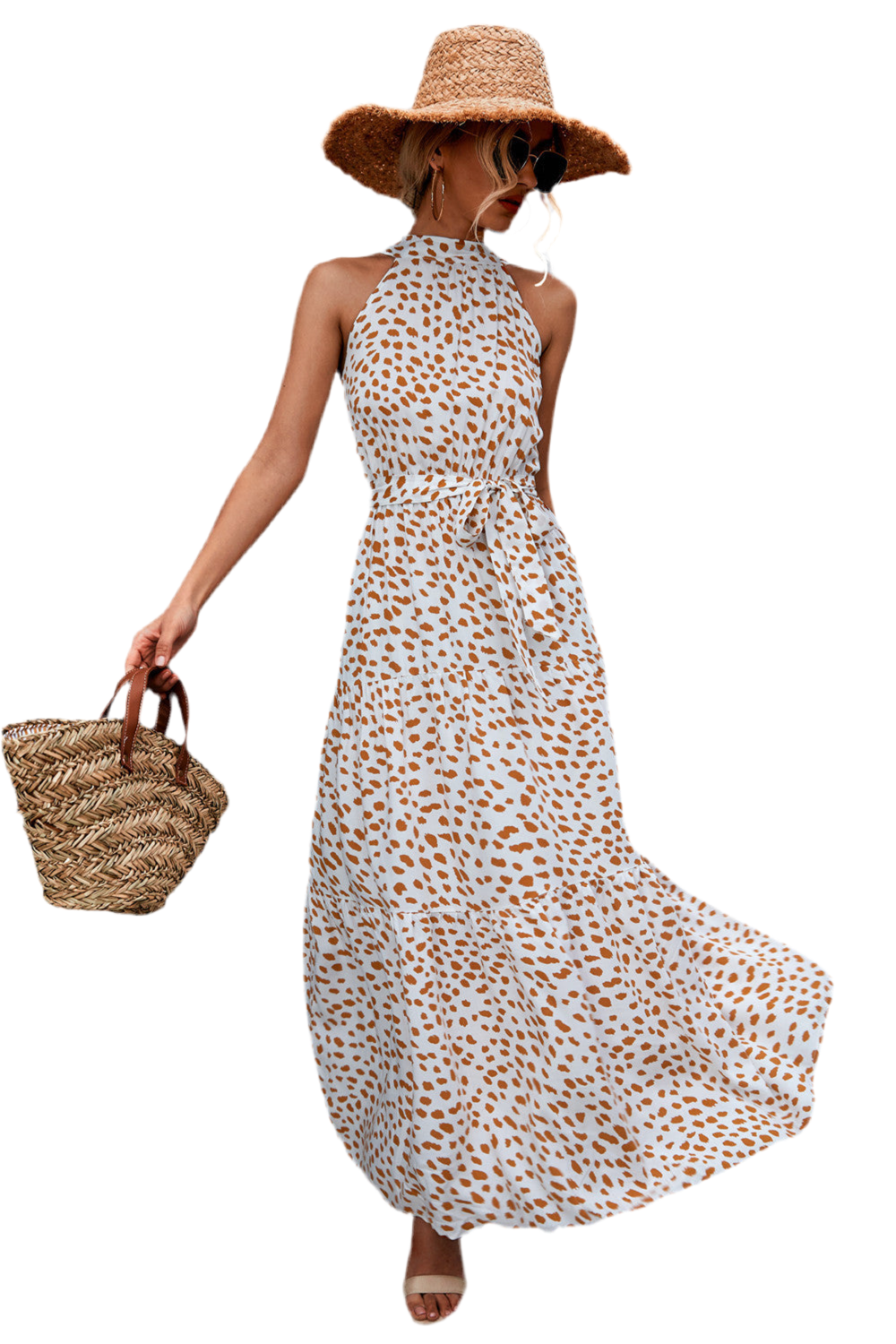 Printed Sleeveless Tie Waist Maxi Dress