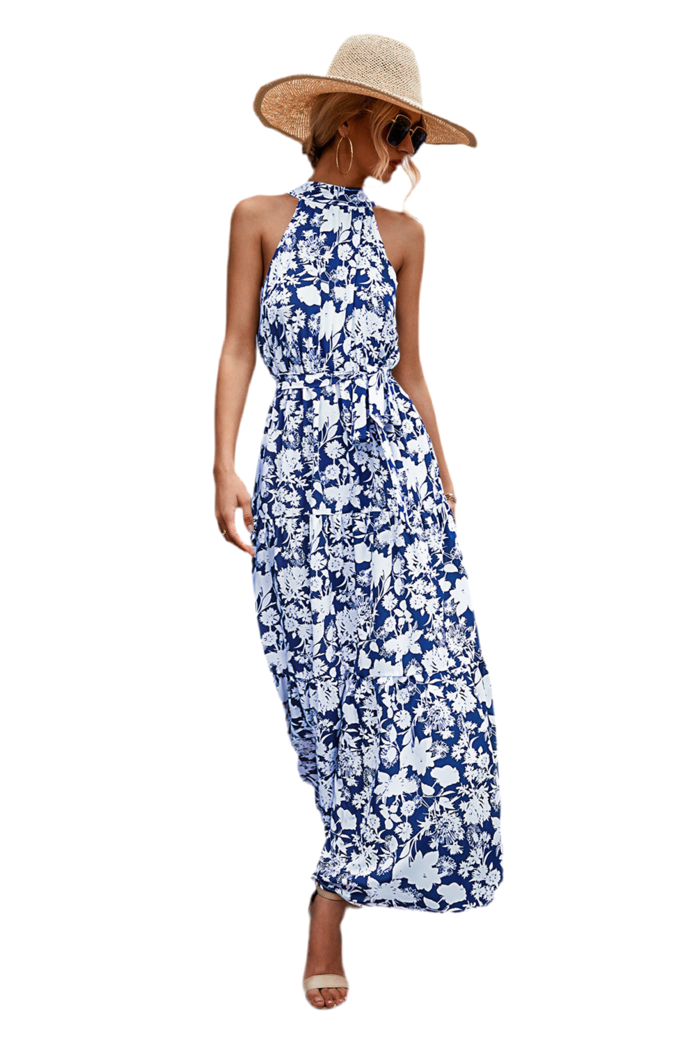 Printed Sleeveless Tie Waist Maxi Dress
