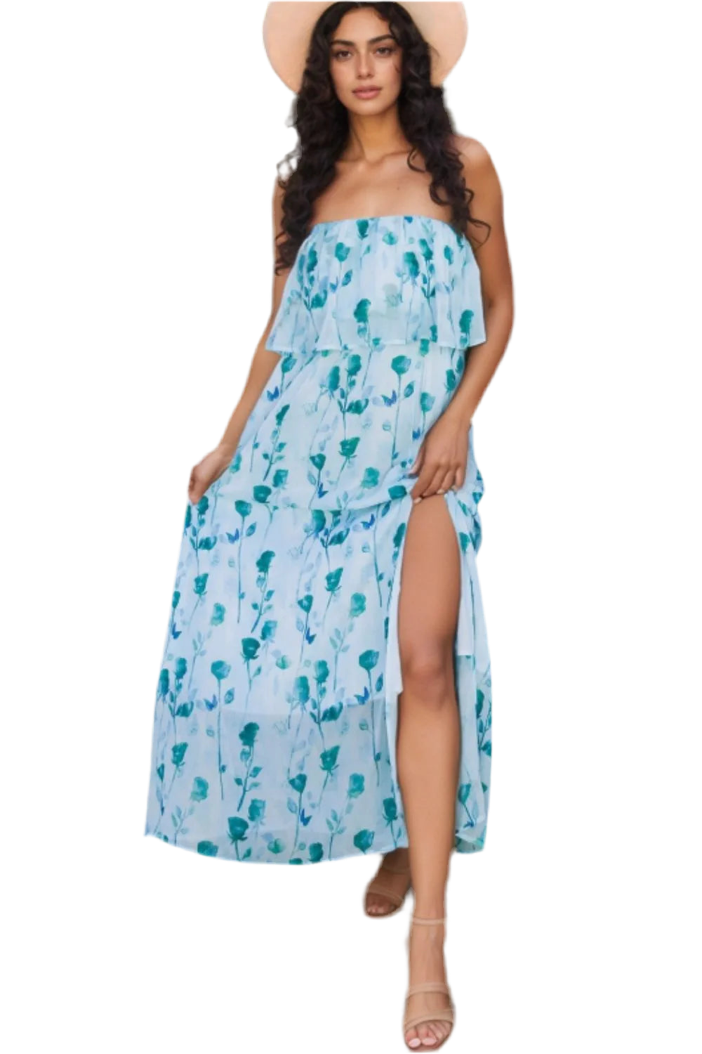 Floral Print Ruffled Side Slit Tube Top Maxi Dress