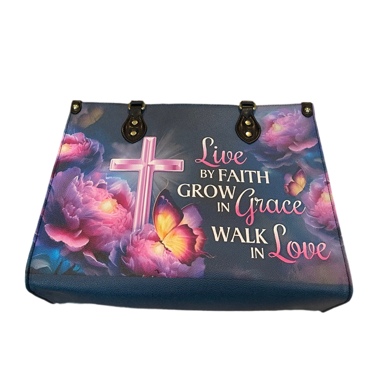 High quality leather handbags for elegant women. Live by faith grow in grace walk in love