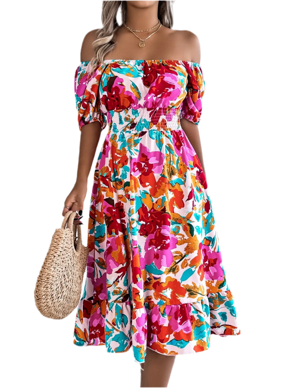 Ruffled Hem Smocked Floral Short Sleeve Midi Dress