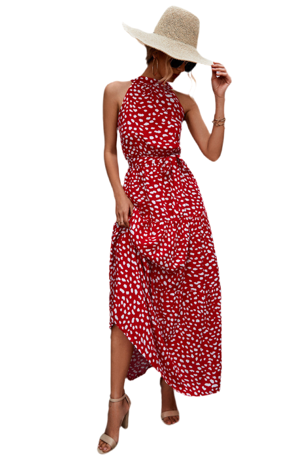 Printed Sleeveless Tie Waist Maxi Dress