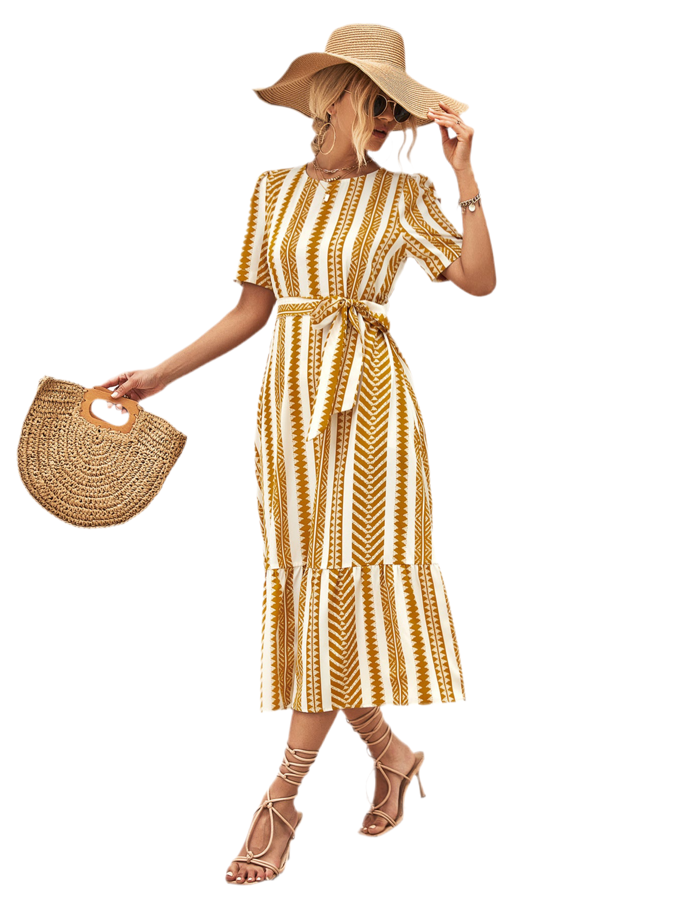 Striped Tie Belt Round Neck Puff Sleeve Dress