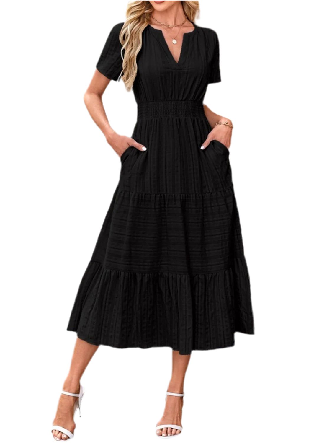 Tiered Notched Short Sleeve Dress