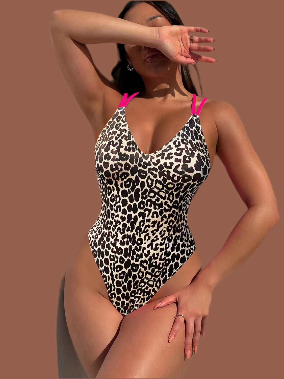 Leopard Plunge Spaghetti Strap One-Piece Swimwear