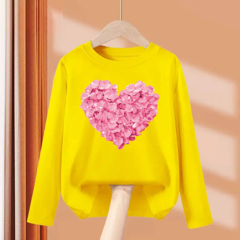 Children Long Sleeved Heart Shaped T-shirt Cotton Tees 3-14T