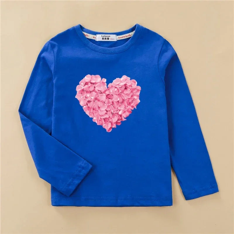 Children Long Sleeved Heart Shaped T-shirt Cotton Tees 3-14T