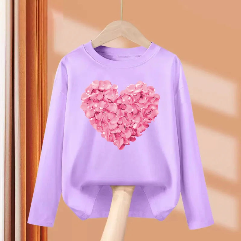 Children Long Sleeved Heart Shaped T-shirt Cotton Tees 3-14T