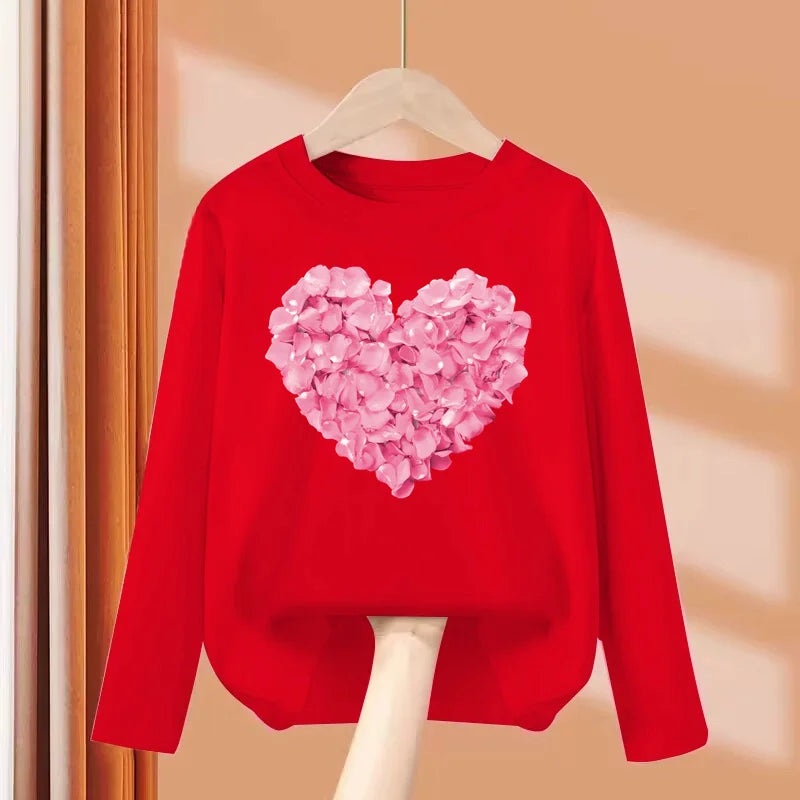 Children Long Sleeved Heart Shaped T-shirt Cotton Tees 3-14T
