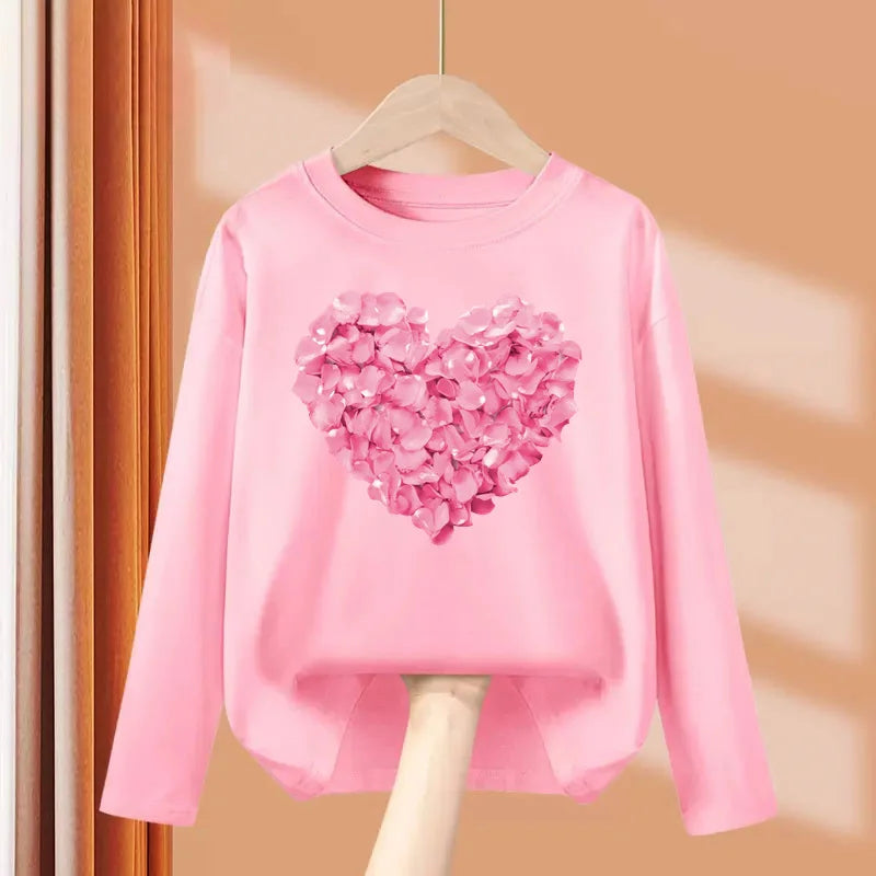 Children Long Sleeved Heart Shaped T-shirt Cotton Tees 3-14T
