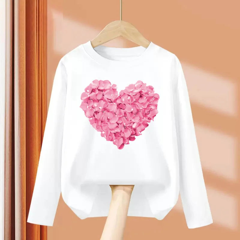 Children Long Sleeved Heart Shaped T-shirt Cotton Tees 3-14T