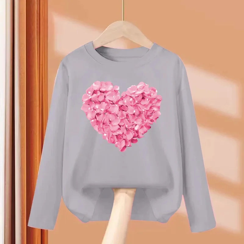 Children Long Sleeved Heart Shaped T-shirt Cotton Tees 3-14T
