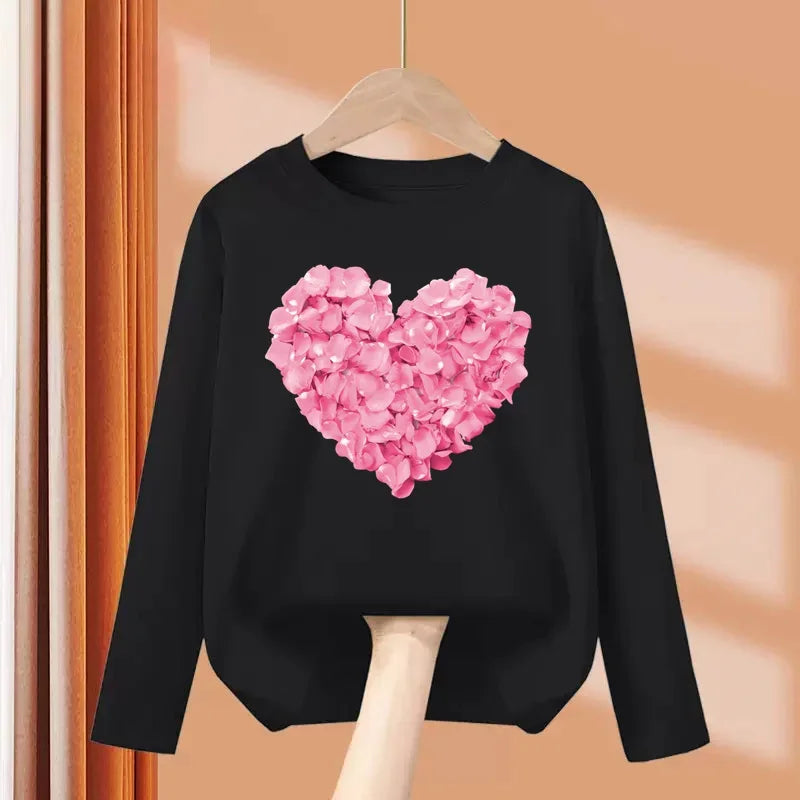 Children Long Sleeved Heart Shaped T-shirt Cotton Tees 3-14T