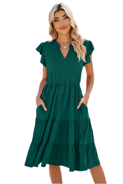 Ruched Notched Cap Sleeve Dress