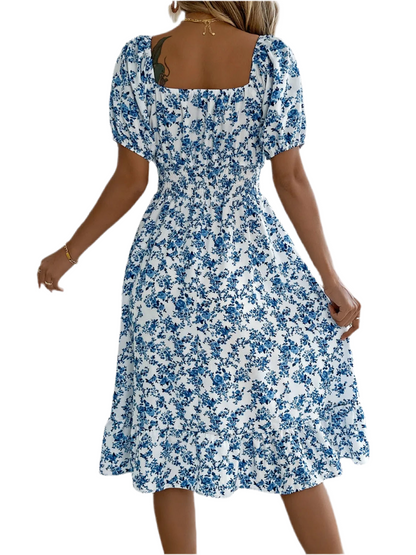 Ruffled Hem Floral Puff Sleeve Dress