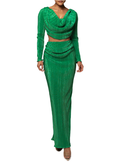 Ruched Cowl Neck Top and Maxi Skirt Set
