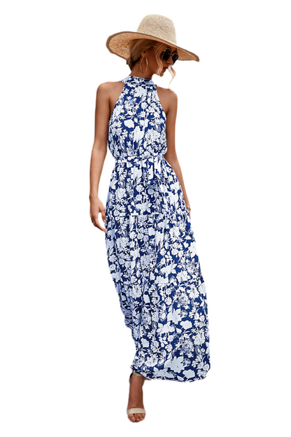 Printed Sleeveless Tie Waist Maxi Dress