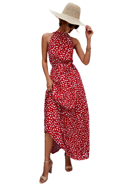 Printed Sleeveless Tie Waist Maxi Dress