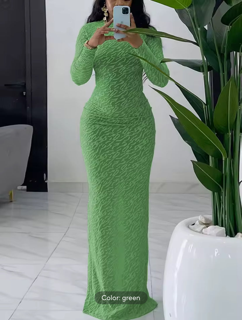 Elegant Round Neck long Sleeves Flocking Slim Fit Dress