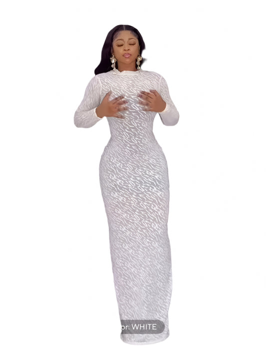 Elegant Round Neck long Sleeves Flocking Slim Fit Dress