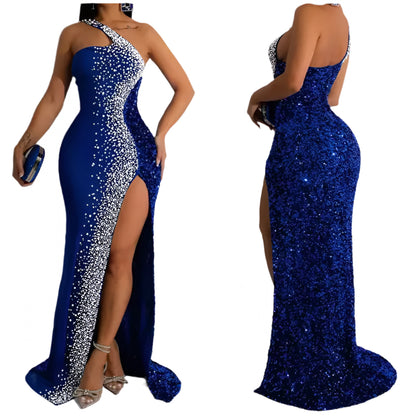 Elegant Rhinestone Chic Split Diagonal Strap Vintage Dress