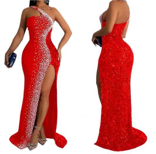 Elegant Rhinestone Chic Split Diagonal Strap Vintage Dress