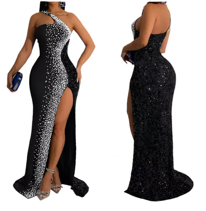 Elegant Rhinestone Chic Split Diagonal Strap Vintage Dress