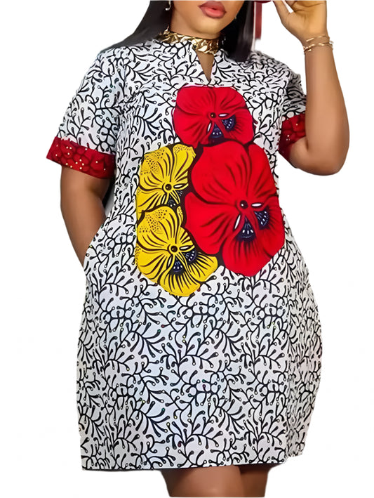 Elegant V-Neck Loose Flower Print Dress