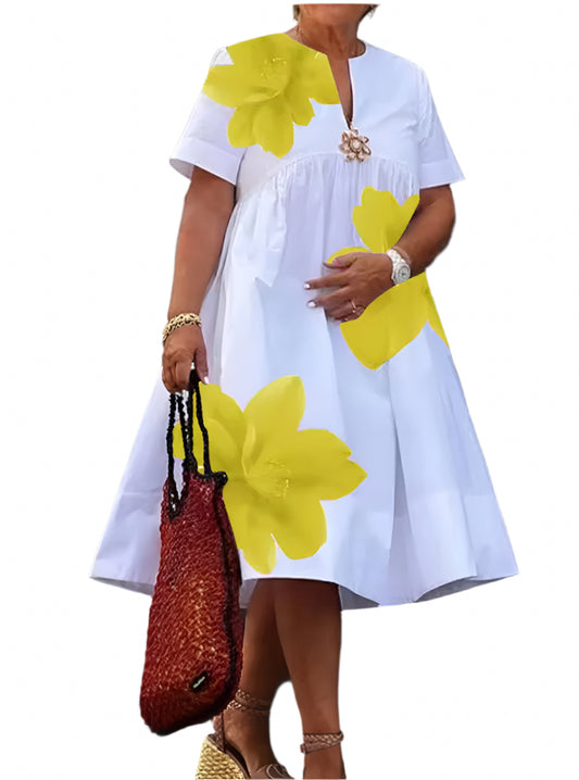 Elegant V-Pleated Loose Flower Print Dress
