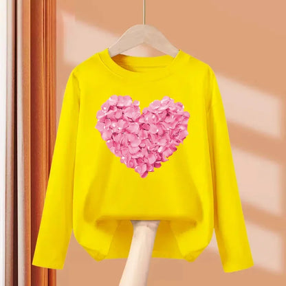 Children Long Sleeved Heart Shaped T-shirt Cotton Tees 3-14T