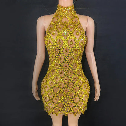Luxury Transparent Gold Black Sequins Rhinestones Dress