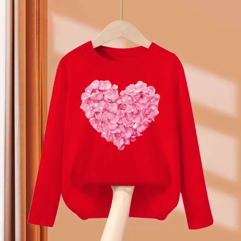 Children Long Sleeved Heart Shaped T-shirt Cotton Tees 3-14T