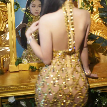 Luxury Transparent Gold Black Sequins Rhinestones Dress