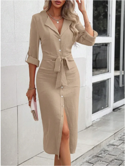 Office Lady V-neck Solid Color Long Sleeved Button Lace Up Dress