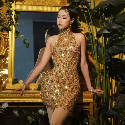 Luxury Transparent Gold Black Sequins Rhinestones Dress