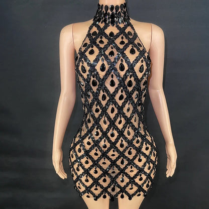 Luxury Transparent Gold Black Sequins Rhinestones Dress