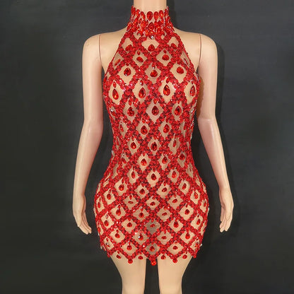 Luxury Transparent Gold Black Sequins Rhinestones Dress
